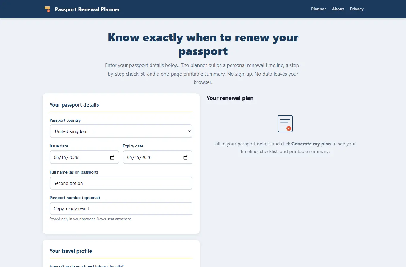 Screenshot of Passport Renewal Reminder Planner interface showing the project page in use
